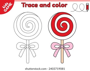 Kids game. Trace and color. Connect dotted lines and draw a Christmas lollipop. Holiday New Year candy. Handwriting practice worksheet. Writing and coloring page for education children. Vector puzzle.