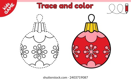 Kinderspiel. Spur und Farbe. Verbinden Sie gepunktete Linien und zeichnen Sie einen Weihnachtsdekorationsball. Übungsblatt für Kinder. Vektorpädagogik mit Neujahrsball mit Schneeflocken.