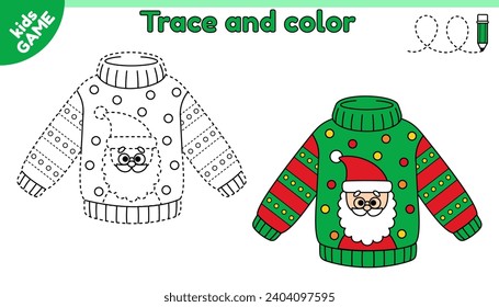 Kids game. Trace and color. Connect dotted lines and draw a Christmas sweater with Santa Claus. Handwriting practice worksheet. Writing for education children. Vector puzzle with New Year ugly jumper.