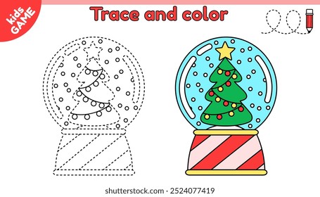 Kids game. Trace and color. Connect dotted lines, draw a glass snow globe with Christmas tree. Handwriting practice worksheet. Writing page for children. Vector illustration of the New Year snow ball.