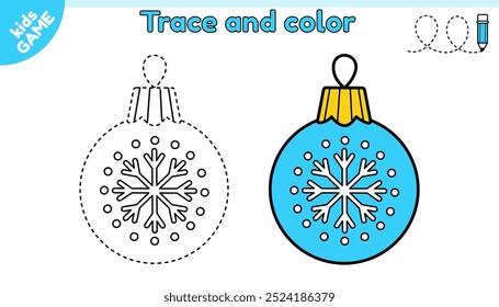 Kids game. Trace and color. Connect dotted lines, draw a Christmas tree decoration with snowflake. Handwriting practice worksheet. Writing page for children. Vector illustration of the Xmas tree ball.