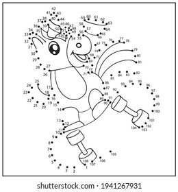 Kids game with unicorn. Education worksheet, activity page for children. Dot to dot by numbers drawing tutorial. Coloring page for kids.