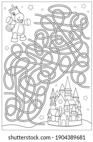 Kids game with unicorn. Maze and coloring. Worksheet with cute cartoon unicorn. Activity page for children. Educational riddle. Vector illustration.