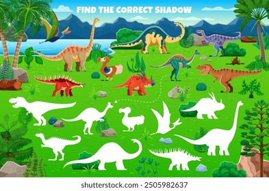 Kids game worksheet, find the correct shadow of prehistoric dinosaur characters. Vector shadow match riddle for children logical mind development activity, preschool or kindergarten educational taskV