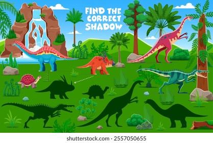 Kids game worksheet, find the correct shadow of prehistoric dinosaurs. Vector educational riddle featuring dino species in tropical forest engaging kids matching each dinosaur to its correct shadow