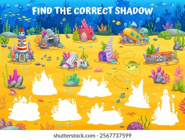 Kids game worksheet, find a correct shadow of underwater fairytale houses. Children education activity vector puzzle quiz of tropical ocean bottom with cartoon funny home buildings, sea animals, fish