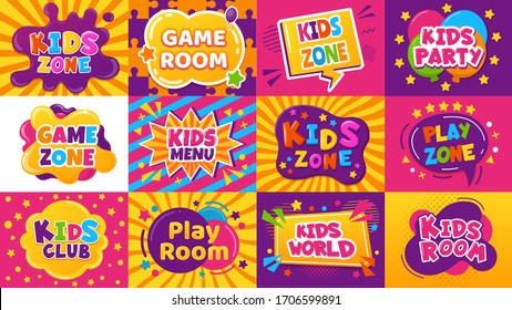 Kids game zone banner. Children game party posters, kid play area, entertainment, education room. Baby playground posters vector illustration set. Kid area for game play, menu for childen emblem