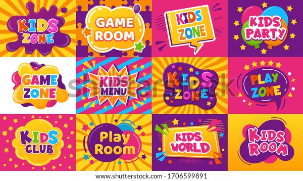 Kids game zone banner. Children game party\
posters, kid play area, entertainment, education room. Baby\
playground posters vector illustration set. Kid area for game play,\
menu for childen emblem