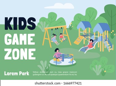 Kids game zone banner flat vector template. Brochure, poster concept design with cartoon characters. Children playground, recreative facilities horizontal flyer, leaflet with place for text