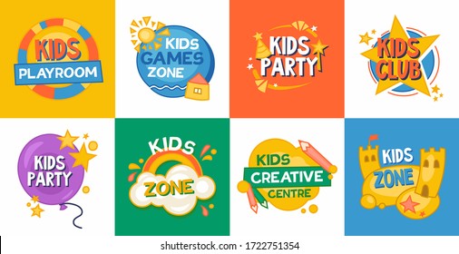 Kids Game Zone Flat Icon Collection. Banner For Playing Area, Children Party Or School Vector Illustration Set. Entertainment And Playground Concept