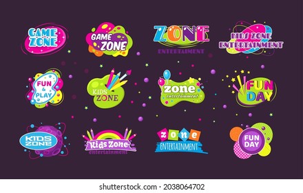 Kids game zone fun day entertainment set childish banner label sticker badge logo. Cartoon colorful logo for children's playroom decoration, fun play, zone entertainment kids zone vector illustration