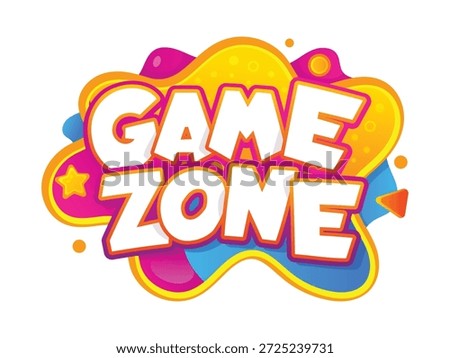 Kids game zone logo icon, childish playground area label banner. Funny kindergarten poster with bright color liquid shapes. Children party and birthday club sign with fun type text, star and circle