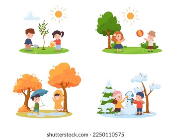 Kids games and activity in four seasons of year, set of flat vector illustrations isolated on white background. Children playing in summer and winter, spring and autumn.