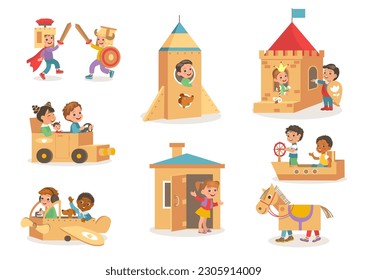 Juegos infantiles con cajas de cartón. Pequeños personajes adorables que juegan con juguetes caseros. naves espaciales y blindaje de caballeros. Zona de juegos infantil. Castillo de papel o coche