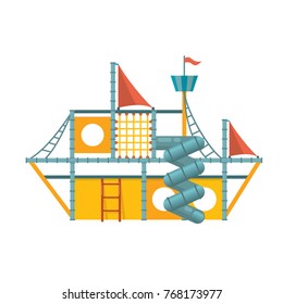 Kids games. Children's entertainment complex in the form of a ship with stairs, slides, inflatable attractions, recreation park. Place for children's games. Amusement park. Vector flat illustration.
