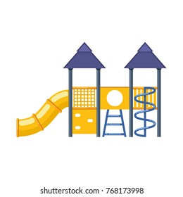 Kids games. Children's entertainment complex with slides, stairs, awnings, attractions, recreation park. Place for children's games. Amusement park. Vector flat illustration.