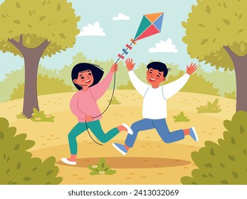 Kids games. Friends fly kite in park. Outdoor fun. Children playing in nature. Smiling boys and girl with flying toy. Playful activities. Young people running in meadow. Vector concept