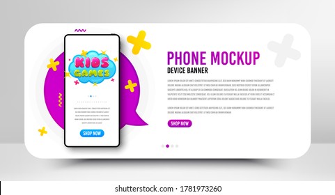 Kids games icon. Phone screen mockup banner. Fun playing zone banner. Children games party area icon. Social media banner with smartphone screen. Shopping mockup web template. Vector