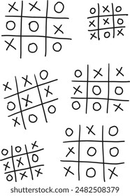 Kid's Games, little childhood games of tic tac toe where nobody wins. Tied games of tic tac toe. It's a tie between two players. A draw. Black and white, hand drawn vectors.