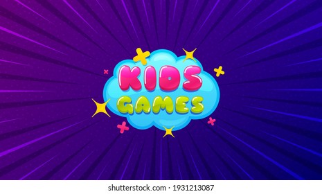 Kids games sticker. Purple background with offer message. Fun playing zone banner. Children games party area icon. Best advertising coupon banner. Kids games badge shape. Abstract background. Vector