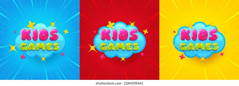 Kids games sticker. Sunburst offer banner, flyer or poster. Fun playing zone banner. Children games party area icon. Kids games promo event banner. Starburst pop art coupon. Special deal. Vector