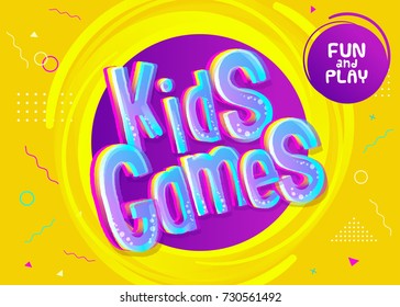 Kids Games Vector Background in Cartoon Style. Bright Funny Banner for Children's Playroom Decoration. Colorful Graphic for Kids Game Room. Children's Leisure Activities. 