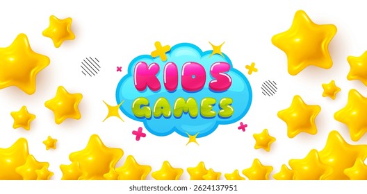 Kids games winner banner with 3d stars. Golden stars banner. Kids games sticker. Fun playing zone banner. Children games party area icon. Review rate background. Vector