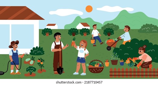 Kids garden planting. Little gardeners with father. Agriculture work. Childrens teaching botany. Plants and flowers care. Teenagers picking vegetables harvest. Garish