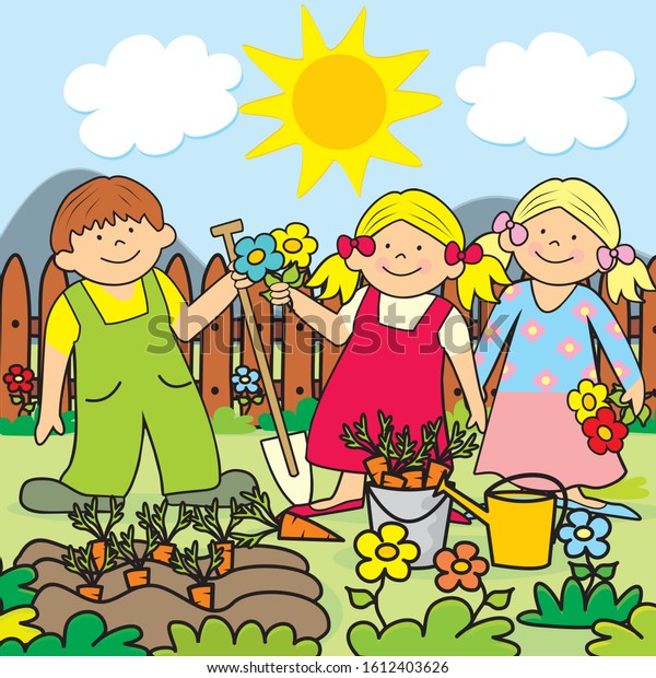 Kids Garden Two Little Girls Boy Stock Vector (Royalty Free) 1612403626 ...