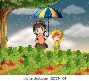 Kids in the garden when it is raining illustration