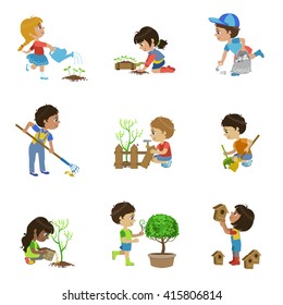 Kids Gardening Collection Of Flat Outlined Cartoon Vector Design Drawings Isolated On White Background