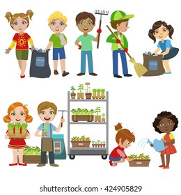 Kids Gardening And Picking Up Garbage Set Of Bright Color Simple Style Flat Vector Illustrations On White Background
