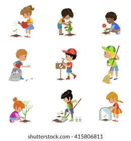 Kids Gardening Set Of Flat Outlined Cartoon Vector Design Drawings Isolated On White Background