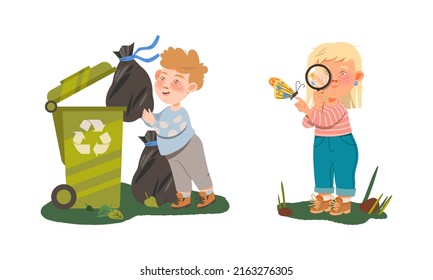 Kids gathering plastic bottles for recycling and looking at butterfly through magnifying glass. Nature and ecology protection cartoon vector illustration