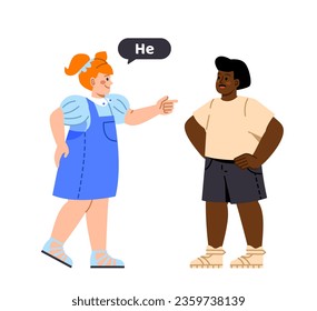 Kids with gender pronouns concept. Young girl pointing at guy and say he. Junior school students. Poster or banner for website. Cartoon flat vector illustration isolated on white background