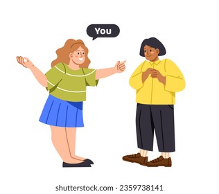 Kids with gender pronouns concept. Young girl pointing at girlfriend and say you. Education and learning. Graphic element for website. Cartoon flat vector illustration isolated on white background