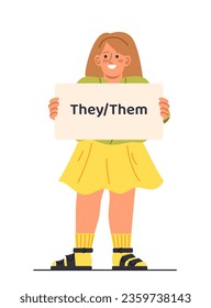 Kids with gender pronouns concept. Young girl with placard themand they. Educational materials and infographics for children. Cartoon flat vector illustration isolated on white background