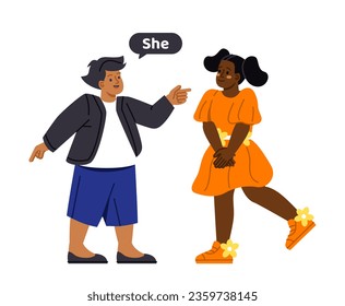 Kids with gender pronouns concept. Young guy pointing at girl and say her. Schoolers and children, friends. Template and mock up. Cartoon flat vector illustration isolated on white background