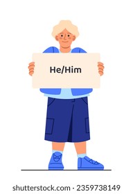 Kids with gender pronouns concept. Young guy with placard he and him. Studying and learning. Template, layout and mock up. Cartoon flat vector illustration isolated on white background