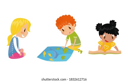Kids at Geography Lesson Listening and Watching Vector Set