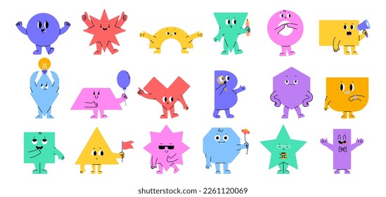 Kids geometric characters with eyes. Basic style figure, square triangle, polygonal and circle. Funny character thinking, preschool education snugly vector graphic