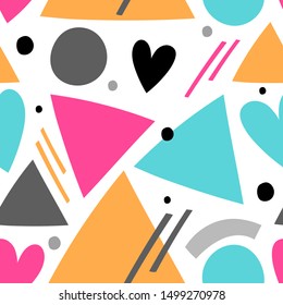 Kids geometric colorful seamless pattern for print, textile, wallpaper. Hearts and papercut figures background.