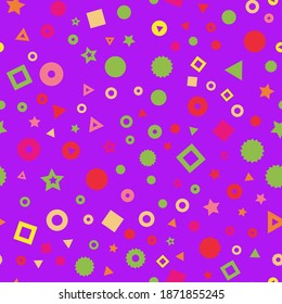 Las formas geométricas de los niños son un patrón vectorial sin fisuras. Triángulos, puntos, estrellas y círculos de fondo rosa, naranja, rojo y amarillo. Fondo de formas geométricas para tela, decoración de patrones de superficie
