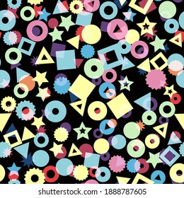 Kids geometric shapes seamless vector pattern. Triangles, dots, stars, and circles in pink, orange, red, and yellow background. Geometric shapes backdrop for fabric, surface pattern decor
