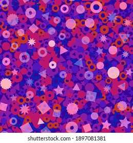 Kids geometric shapes seamless vector pattern. Triangles, dots, stars, and circles in pink, orange, red, and yellow background. Geometric shapes backdrop for fabric, surface pattern decor