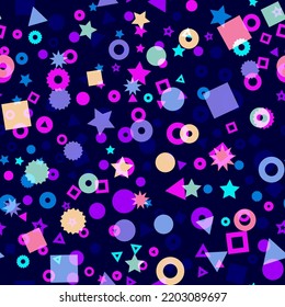 Kids geometric shapes seamless vector pattern. Triangles, dots, stars, and circles in pink, orange, red, and yellow background. Geometric shapes backdrop for fabric, surface pattern decor