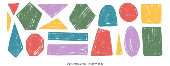Kids geometric shapes set. Text boxes textured frames. Rounded and square childish figures. Vector hand drawn quotation stickers shapes. grunge geometry callout design.