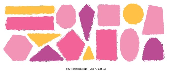 Kids geometric shapes set. Text boxes brush stroke textured frames. Rounded and square figures. Vector hand drawn quotation stickers shapes. grunge geometry callout design.