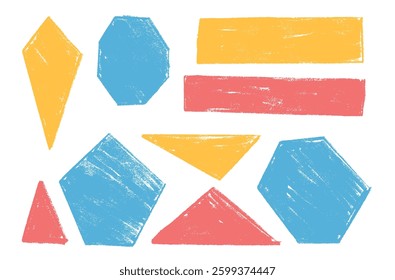 Kids geometric shapes set. Text boxes textured frames. Rounded and square figures. Vector hand drawn quotation stickers shapes. Blue red and yellow grunge geometry callout design collection.