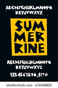 Kids geometric vector font on black background. Uppercase and lowercase letters, numbers and symbols. Lettering, typography. English alphabet. Elements for design.